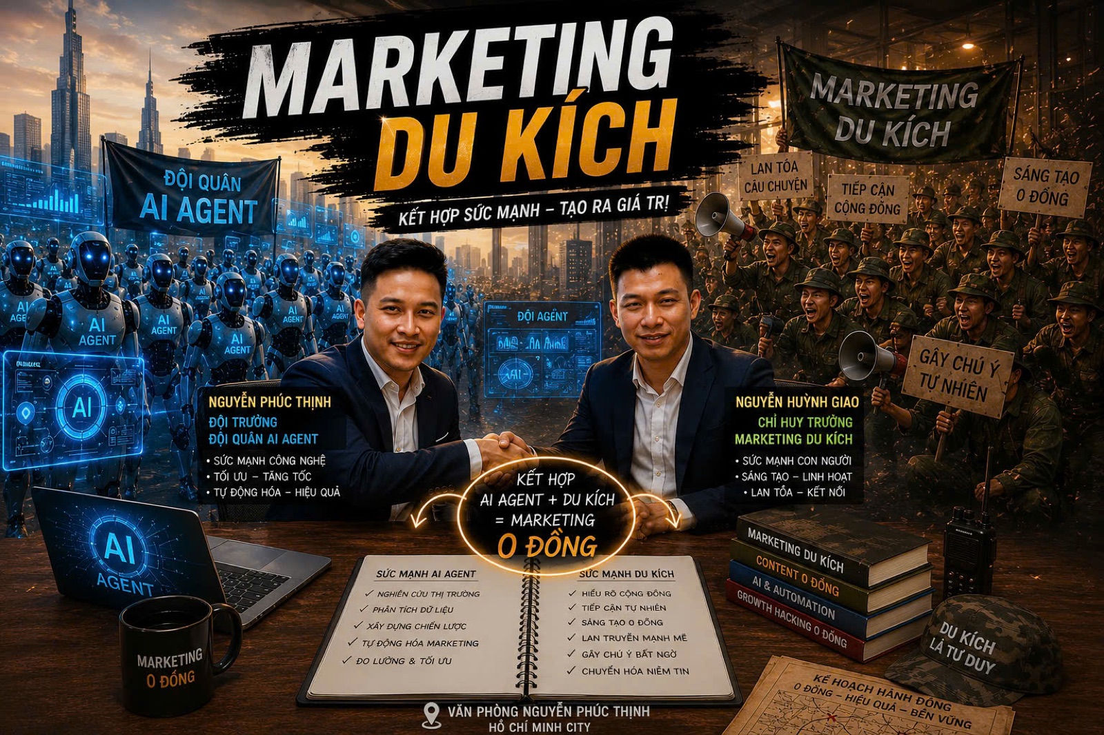 Poster sự kiện: Nguyễn Phúc Thịnh (Đội trưởng Đội quân AI Agent) và Nguyễn Huỳnh Giao (Chỉ huy trưởng Marketing Du Kích) bắt tay, công thức AI Agent + Du Kích = Marketing 0 Đồng